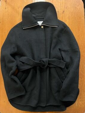 Sandro Paris Lukas Black Wool Belted Wide Collar Minimalist Jacket